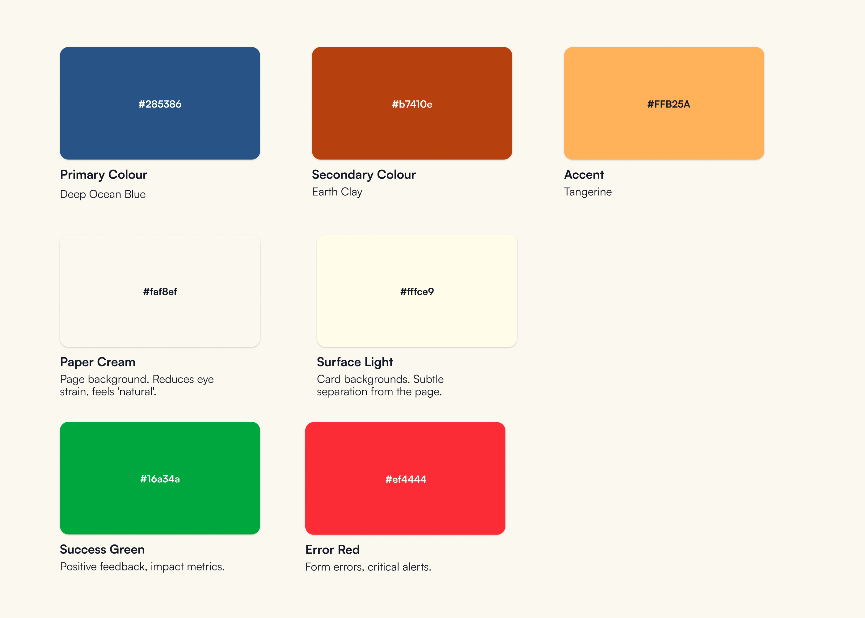 Color System - Deep Ocean Blue, Earth Clay, Tangerine, Paper Cream