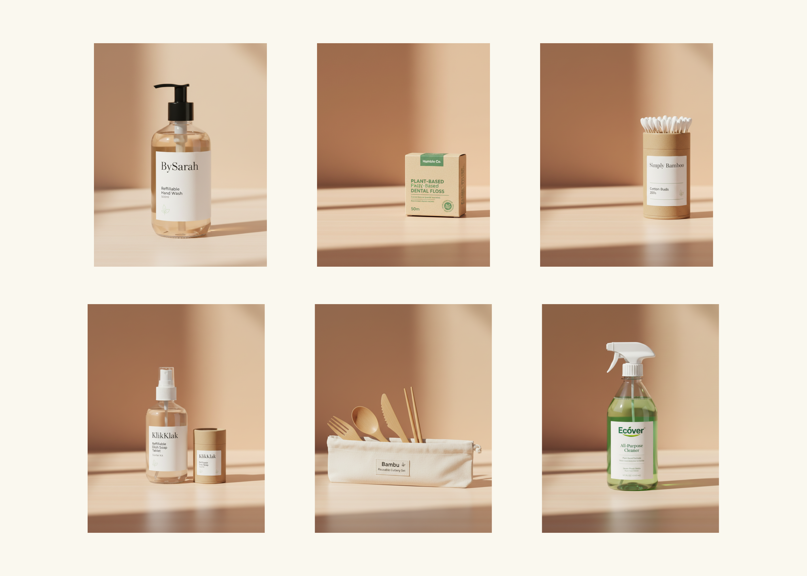 Photography Style - Consistent warm beige backgrounds with natural lighting