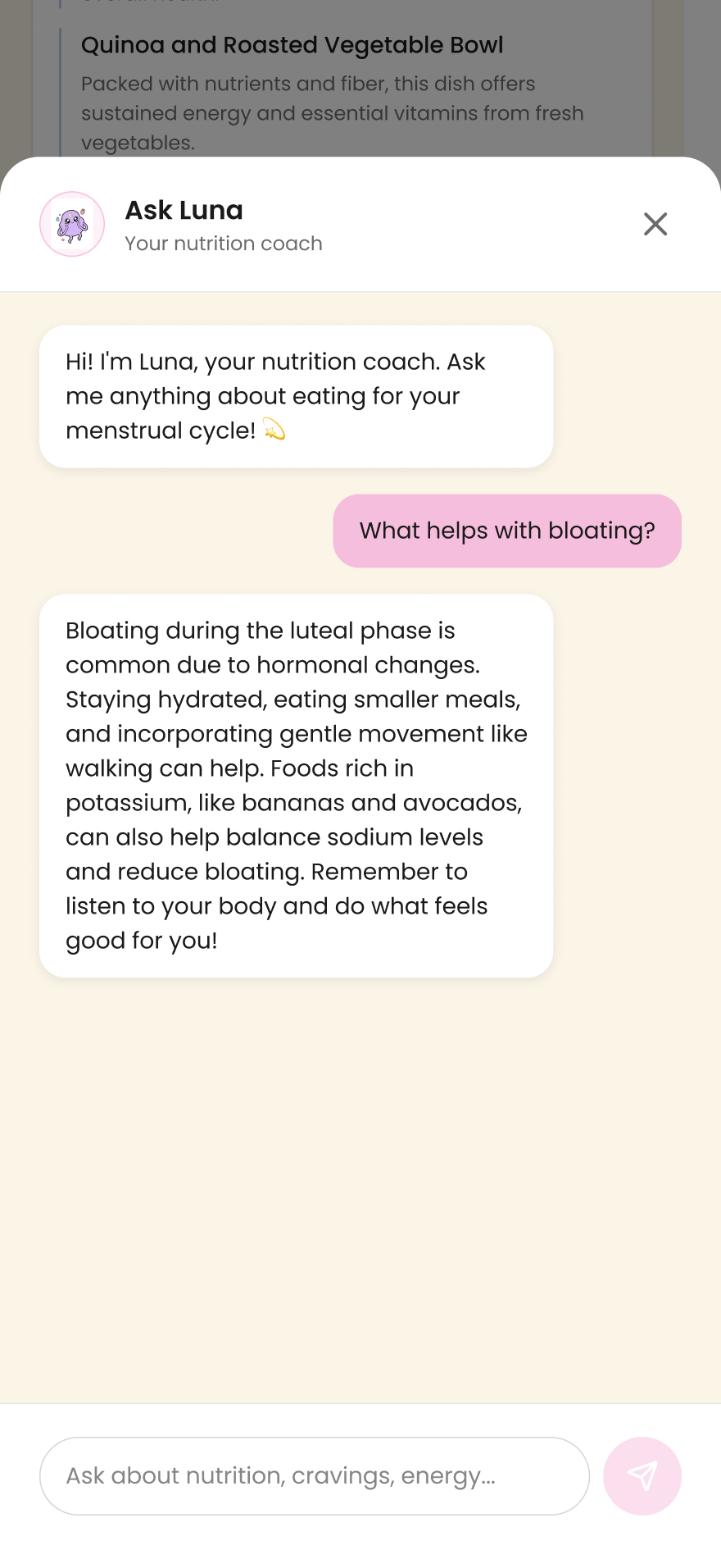 Luna AI Assistant chat showing advice about bloating during luteal phase