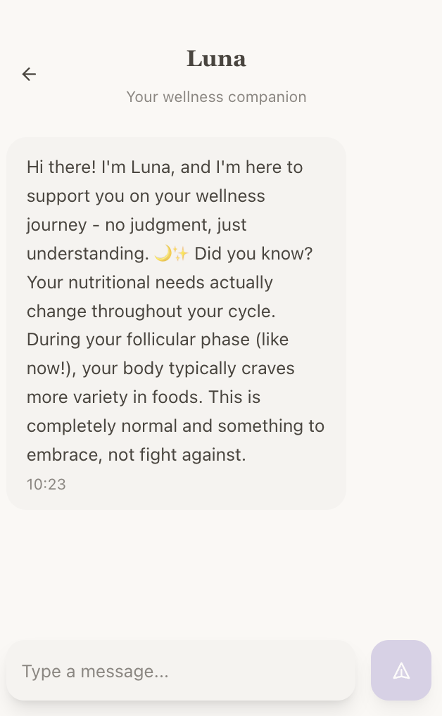 Luna AI chat interface showing empathetic conversation about cycle awareness