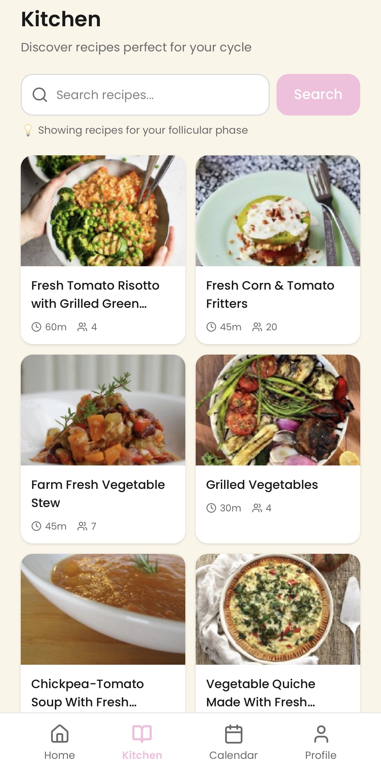 Luna Log Kitchen recipe browsing screen