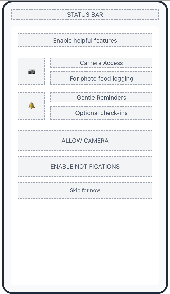 Low-fidelity wireframe of food logging flow